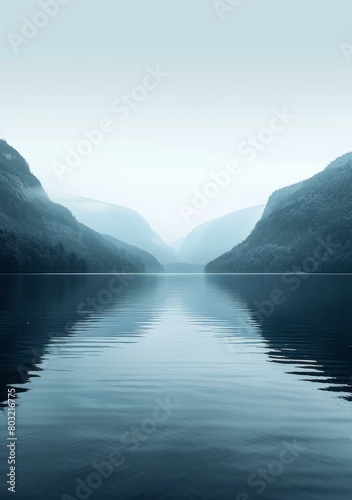 Mountains and lake in the fog photo