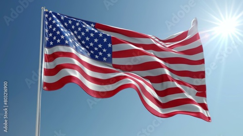 Waving American flag with the sun shining on it photo