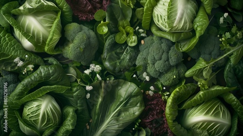 A vibrant collection of fresh green vegetables including cabbage  broccoli  and spinach leaves.
