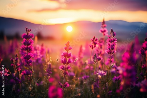 Field of purple flowers with a sunset in the background
