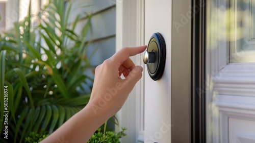 Close-up of woman pressing the button of a doorbell