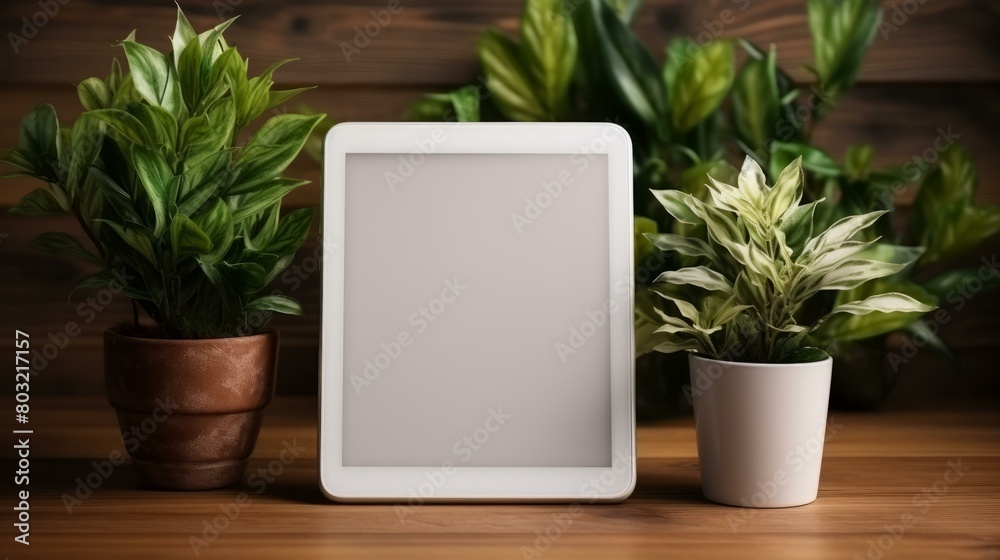Blank digital photo frame with house plants on a wooden background Blank digital photo frame with house plants on a wooden background