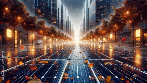 A cityscape bathed in rain with solar panels lining the street, flanked by illuminated buildings under a sunset-kissed sky.