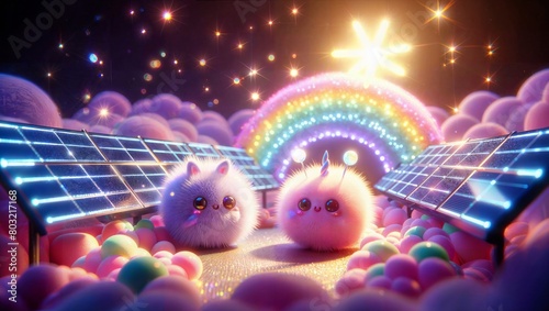 Two adorable fluffy creatures gaze at a star, surrounded by solar panels and a vibrant rainbow amidst a dreamy, starlit, magical landscape. photo