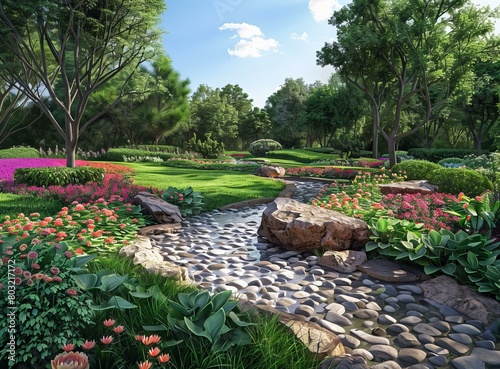landscaping with large rocks and colorful flowers