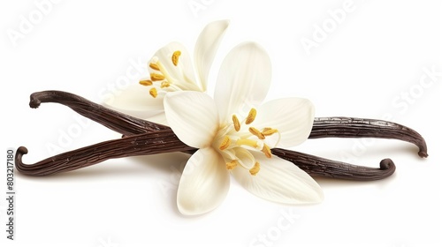 High-quality image of vanilla flowers and pods isolated on a white background.