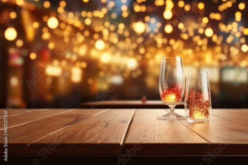 Two glasses of champagne on a wooden table with a blurry background of lights