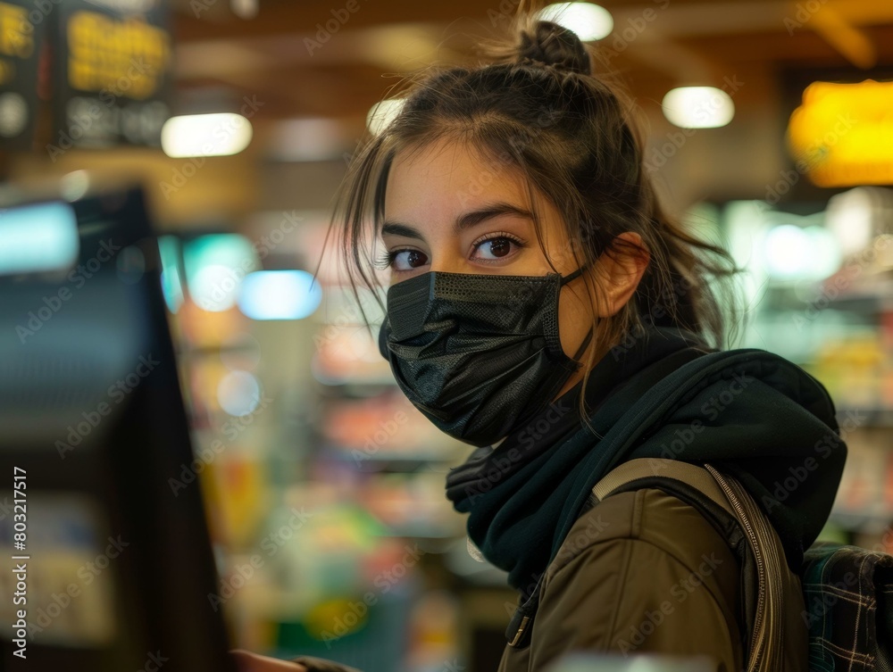 Young woman wearing a mask in a supermarket Young woman wearing a mask in a supermarket