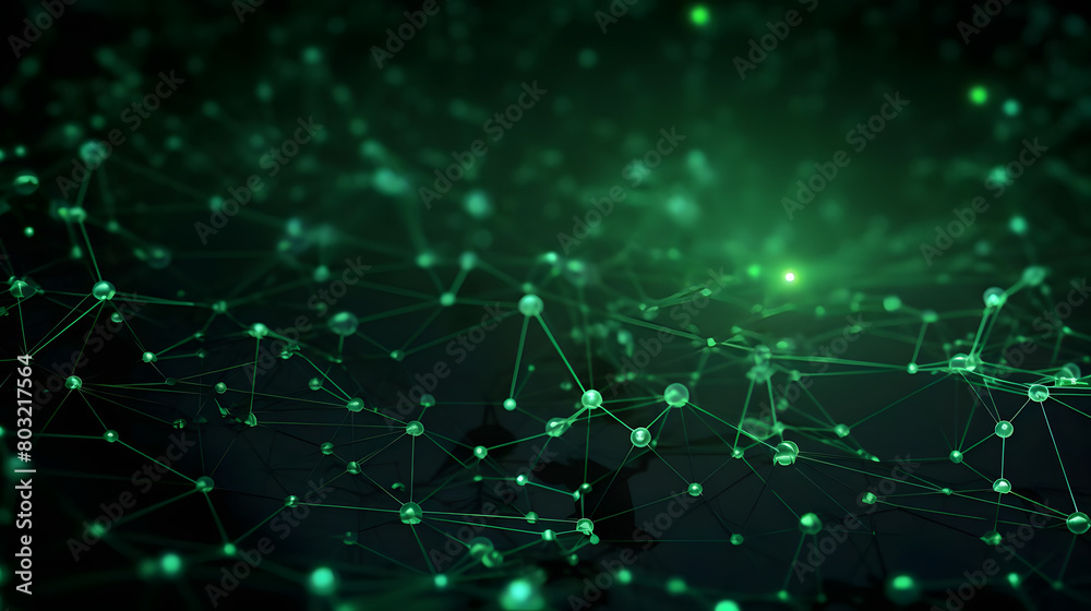 Digital Cybernetic Network with Glowing Green Nodes Depicting Neural Networks on Dark Background