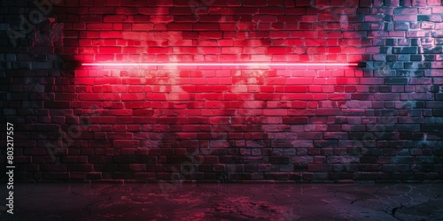 Red neon light on a brick wall background