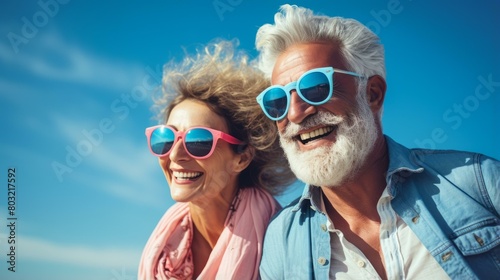 Happy old couple wearing sunglasses and smiling