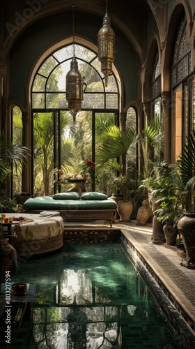A luxurious indoor pool with a Moroccan theme