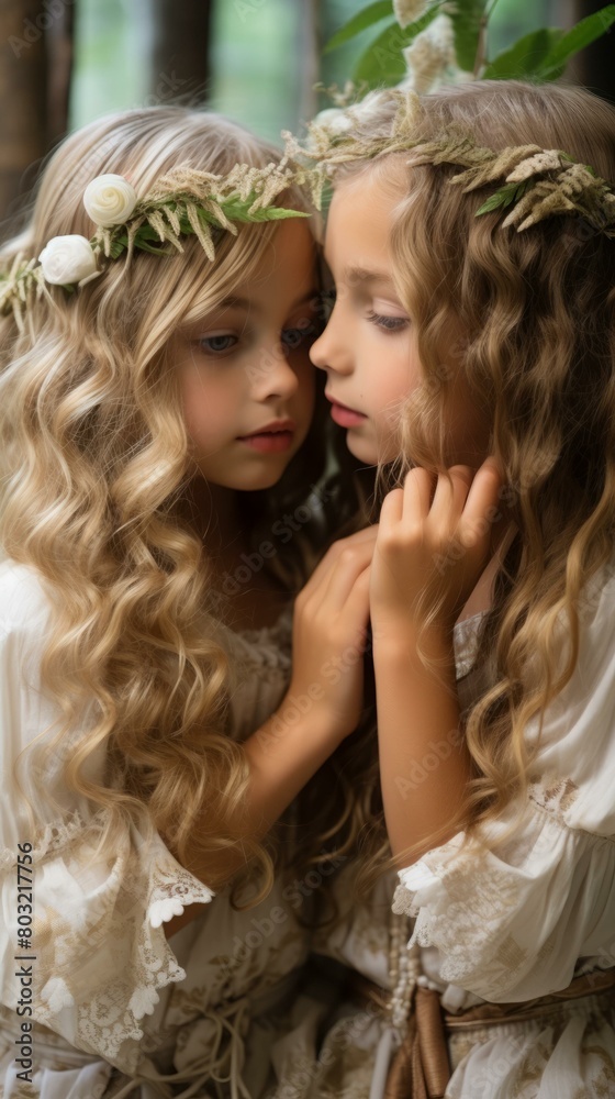 Naklejka premium Two little girls with long blond hair wearing white dresses and flower crowns are standing close to each other in a forest