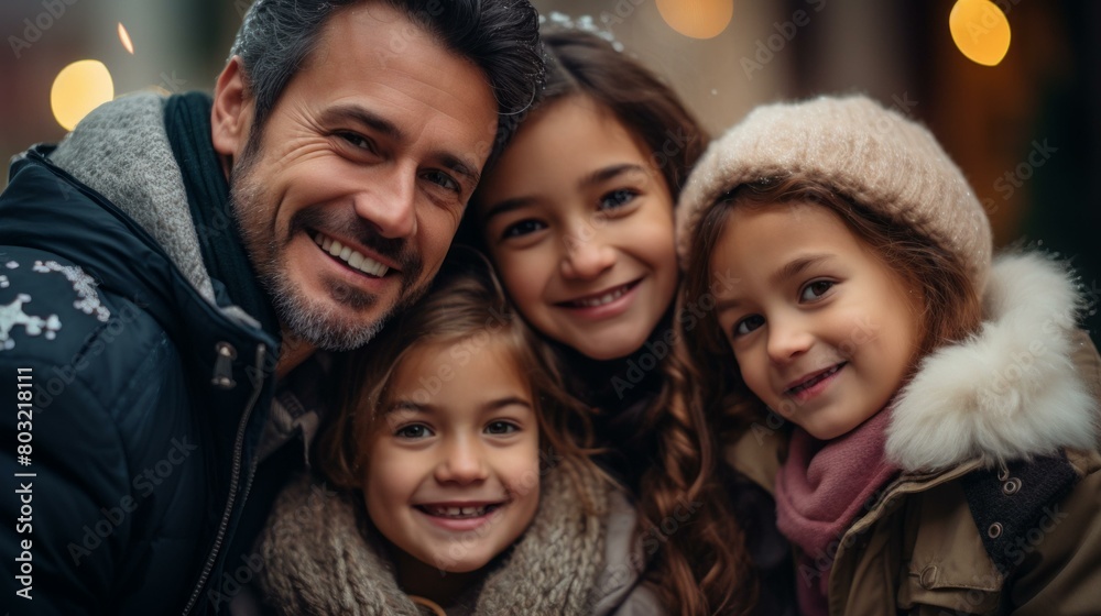 Happy family of four posing for a photo in the city during winter Happy family of four posing for a photo in the city during winter