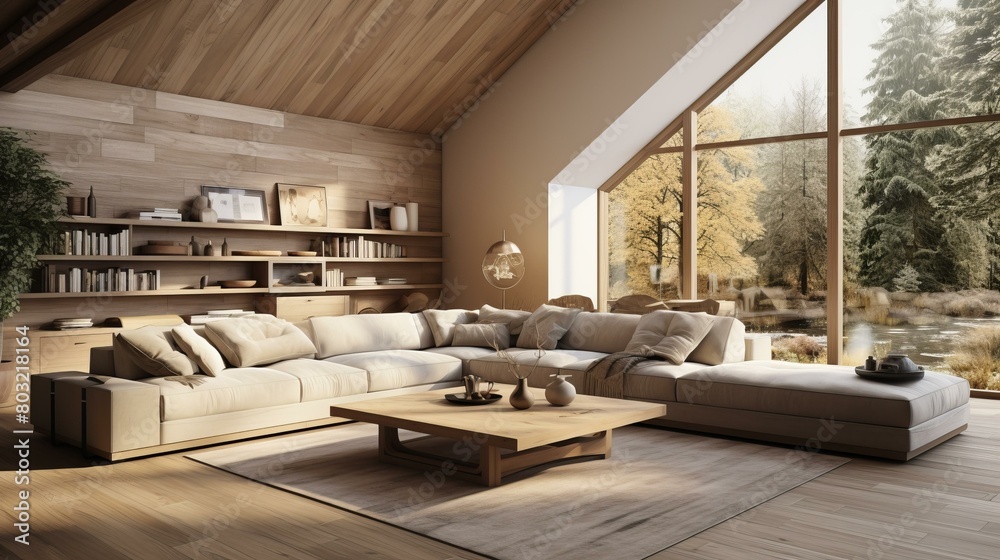 A wooden house interior with a large glass window looking out onto a forest A wooden house interior with a large glass window looking out onto a forest