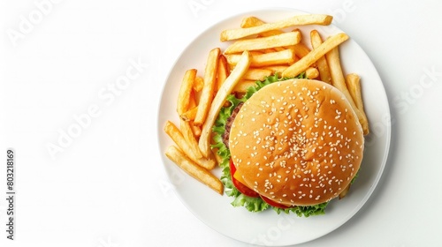 Delicious burger and french fries on a plate top view on isolated white background © Ahtesham