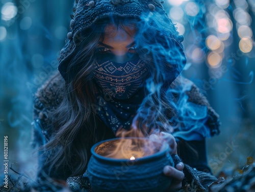 A witch in a blue cloak is holding a smoking cauldron in the woods photo
