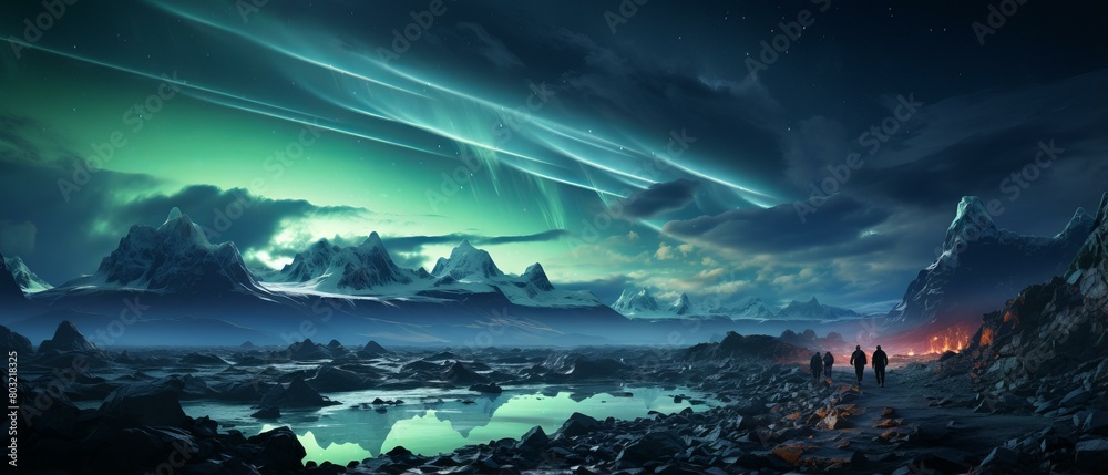 Obraz premium Aurora borealis landscape with mountains and hikers