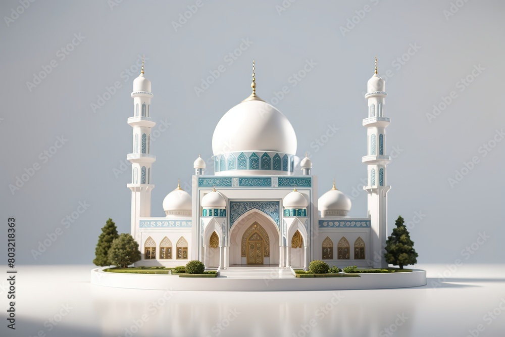 Obraz premium Celebration of islamic white mosque miniature 3d rendering in blank background