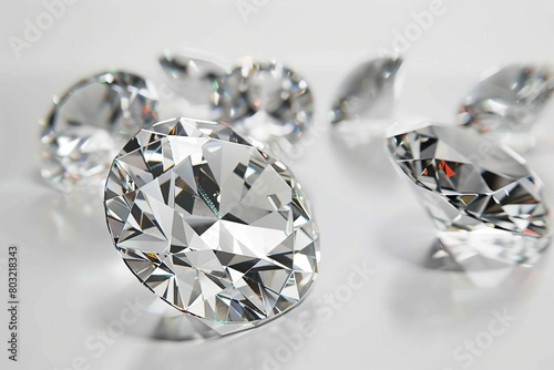 group of shiny diamonds on white reflective background luxury gemstone 3d rendering