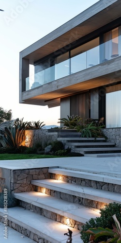 Modern minimalist house with large glass windows and stone steps leading up to the front door © Adobe Contributor