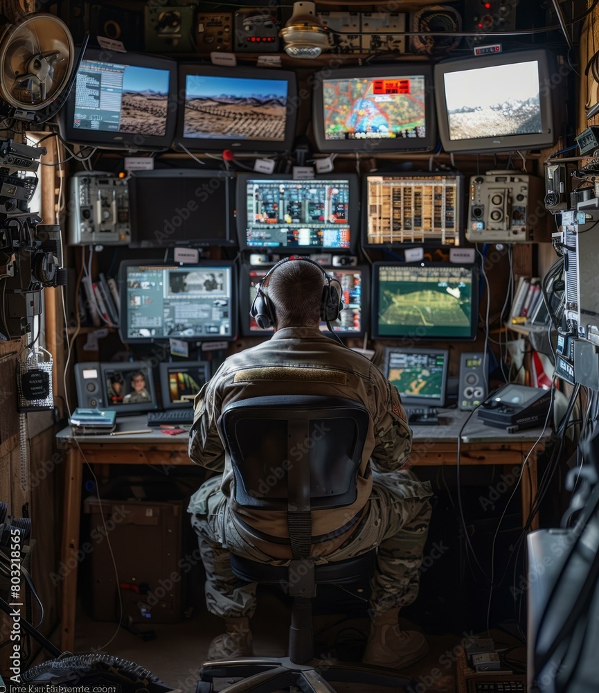 Soldier sits at a desk surrounded by computer monitors Soldier sits at a desk surrounded by computer monitors