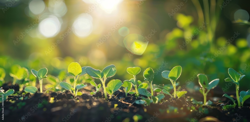 A photo of small plants growing in the soil, with green leaves and sunlight creating an atmosphere of growth and nature A photo of small plants growing in the soil, with green leaves and sunlight creating an atmosphere of growth and nature