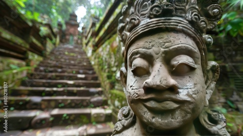 Close up view of a stone sculpture statue on stair of a temple at ancient Candi Merak or Merak Temple