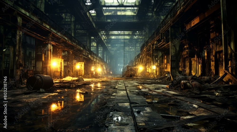 rusty factory building with broken windows and puddles of water on the floor rusty factory building with broken windows and puddles of water on the floor