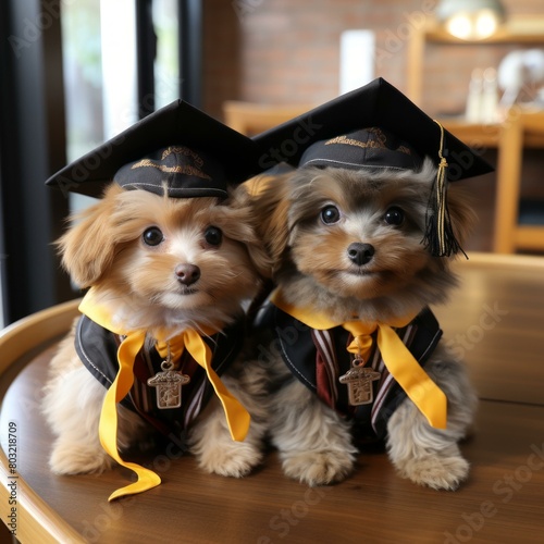 Two puppies in graduation caps photo