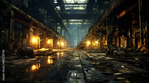 rusty factory building with broken windows and puddles of water on the floor