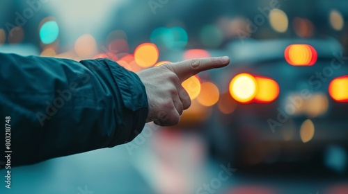 A hand pointing in front of a blurred background of city lights