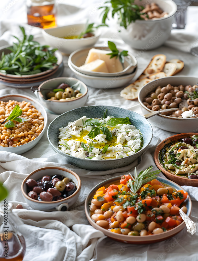 spread of multiple traditional mediterranean dishes on white linen
