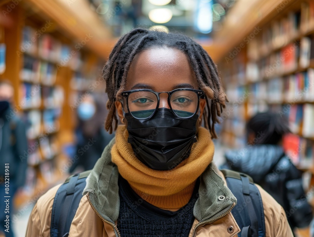 A young woman wearing a mask and glasses is standing in a library.