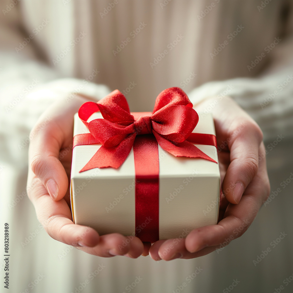 Elegant gift box with red ribbon in hands, perfect for celebrations Elegant gift box with red ribbon in hands, perfect for celebrations