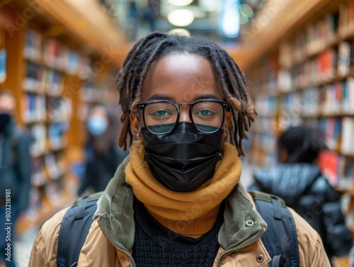 A young woman wearing a mask and glasses is standing in a library. © Adobe Contributor