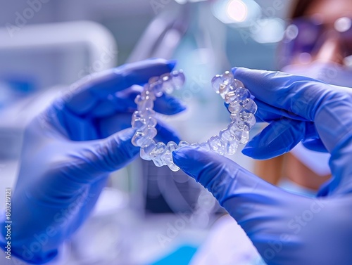 Close-up of dentist holding a clear aligner for teeth photo