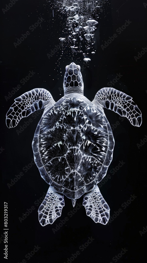Fototapeta premium A turtle gracefully swims beneath the water, surrounded by bubbles creating a captivating scene