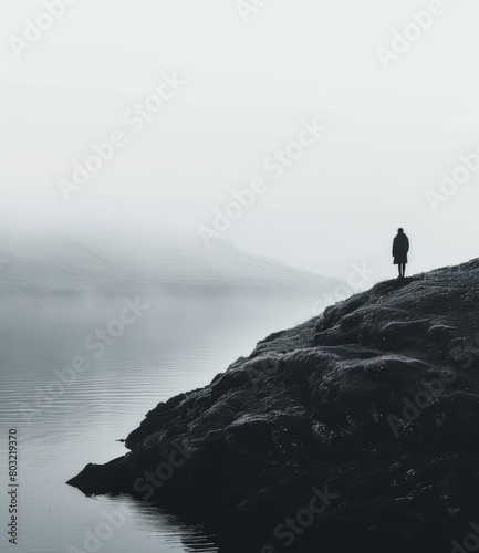 Man standing alone on a cliff overlooking a foggy lake