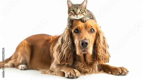 A brown cocker spaniel dog with a tabby cat on its head © Adobe Contributor