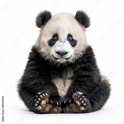 A cute panda bear cub sitting down with its paws in front of it
