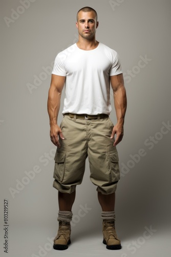 muscular man in white shirt and cargo pants
