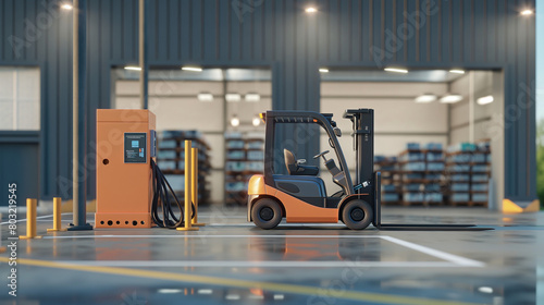 Modern electric forklift charging at station inside warehouse