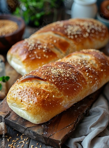 Loaf of freshly baked bread sprinkled with sesame seeds