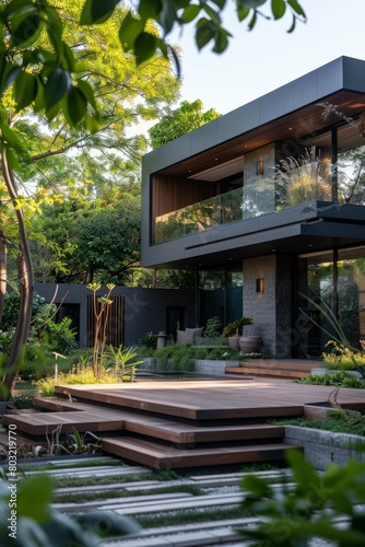 Modern House Exterior Design with Wooden Deck and Glass Facade © Adobe Contributor