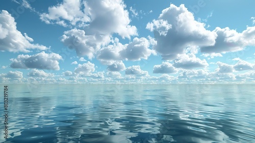 Serene waters with fluffy clouds drifting overhead photo