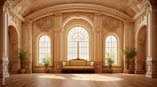 ornate ballroom with arched windows and plants