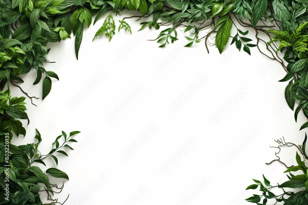 lush green leaves and vines on white background