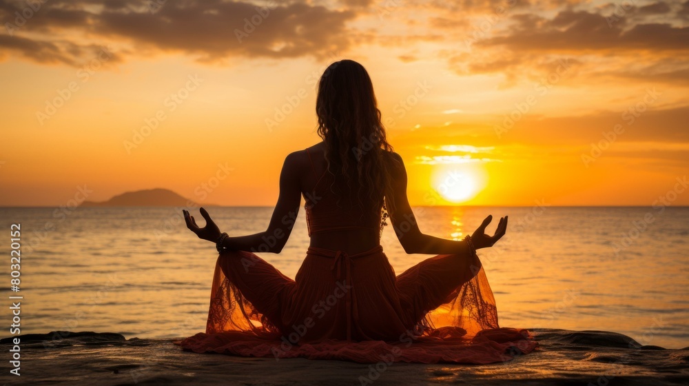 Woman in red dress practicing yoga on the beach at sunset