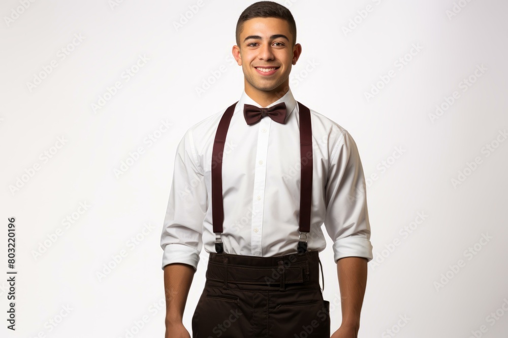 Young male server in white shirt and bow tie Young male server in white shirt and bow tie